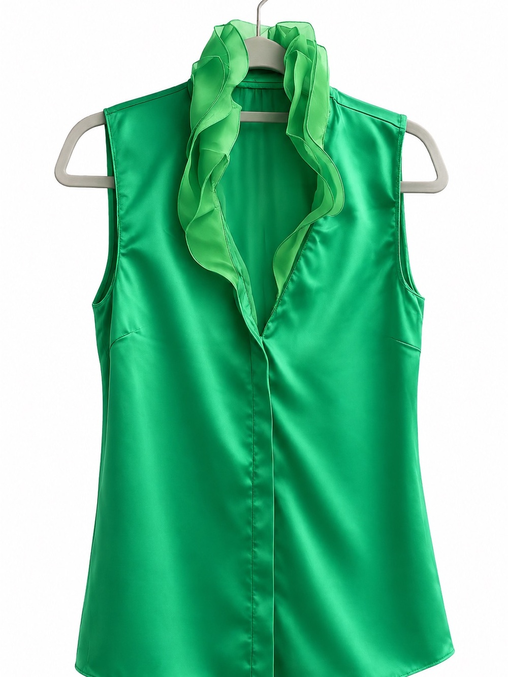 Satin Sleeveless Ruffle Collar Top - Emerald Green